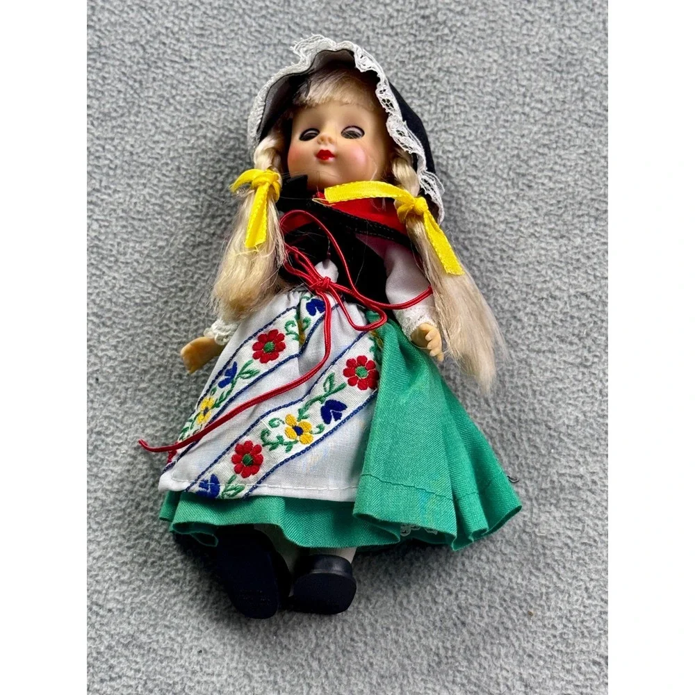 Vintage 7 Inch Folk Costume Souvenir Doll Blonde Braids Sleep Eyes Hong Kong